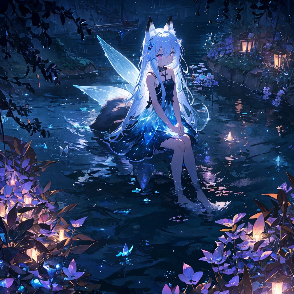 Fox ears, Fox Tail, - Girl sitting on a boat in the water,Crystal glowing eyes, sea butterflies, Night raids, Fairy Lights, Very deep sea, long shiny hair, Night Core, Very ethereal, stagirlr dress.