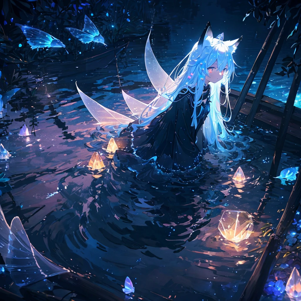 Fox ears, Fox Tail, - Girl sitting on a boat in the water,Crystal glowing eyes, sea butterflies, Night raids, Fairy Lights, Very deep sea, long shiny hair, Night Core, Very ethereal, stagirlr dress.