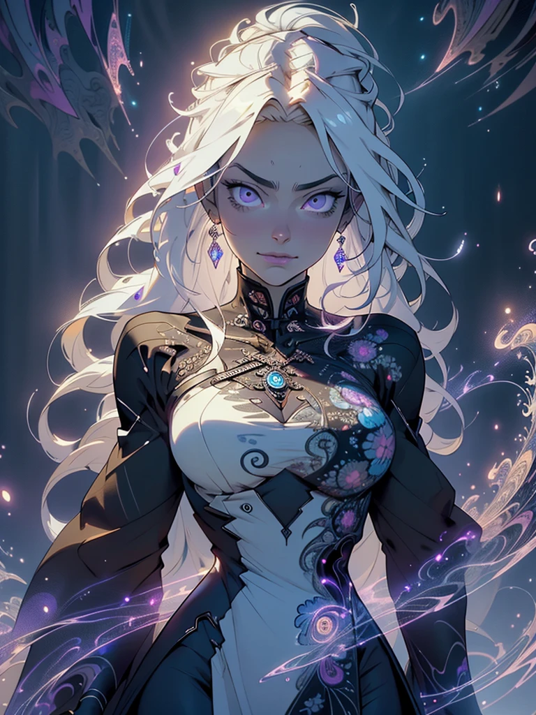 official arts, 8k unity wallpaper, ultra-detailed, beautiful and aesthetically pleasing, masterpiece, best quality, (fractal art: 1.3),female, 1 girl, magic woman, purple eyes, misterious smile, tall woman, very muscular, serious and and angry face, wavy messy white hair, black dress, shrouded in darkness, moving your hands creating a bluish aura that lights up your face