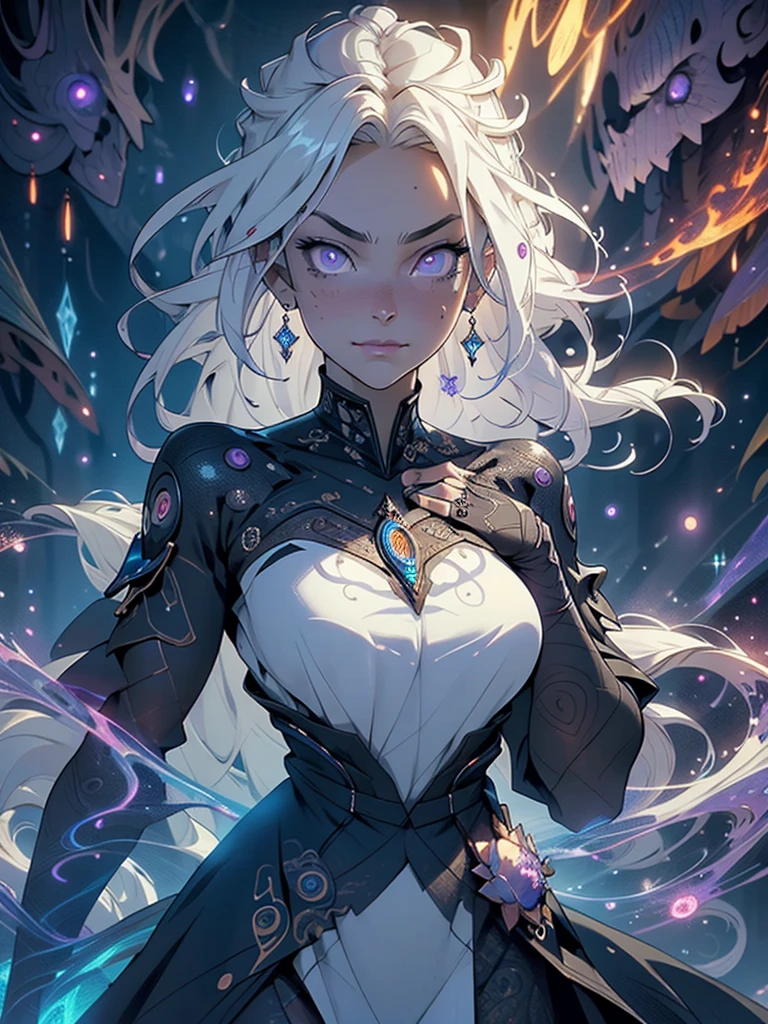 official arts, 8k unity wallpaper, ultra-detailed, beautiful and aesthetically pleasing, masterpiece, best quality, (fractal art: 1.3),female, 1 girl, magic woman, purple eyes, misterious smile, tall woman, very muscular, serious and and angry face, wavy messy white hair, black dress, shrouded in darkness, moving your hands creating a bluish aura that lights up your face