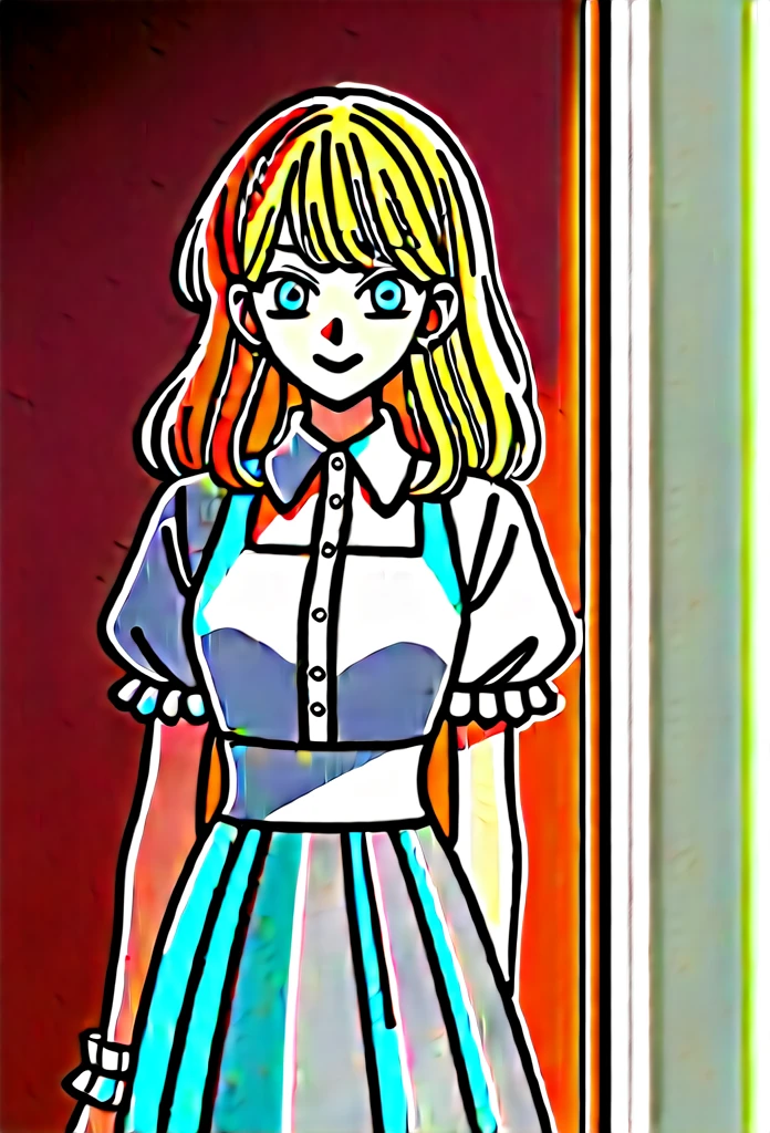 oshi_no_ko_style,blonde curls,sidecurls,fluffy fringe bangs,blue eyes,long eyelashes,cowboyshot,standing,,soft smile,long hair,masterpiece,highres,absurdres,(white puffy short sleeves),collared blouse,solo,frilled cuffs,,teen,(light blue pinafore dress),frilled wristgloves,frilled sweatheart neckline,white sash around the waist,peter pan collar,drilled hair,side curls