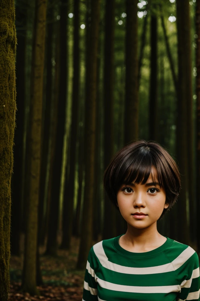 girl with short hair and brown hair white skin with chinl eyes green shirt with black stripes in a forest at night with an owl