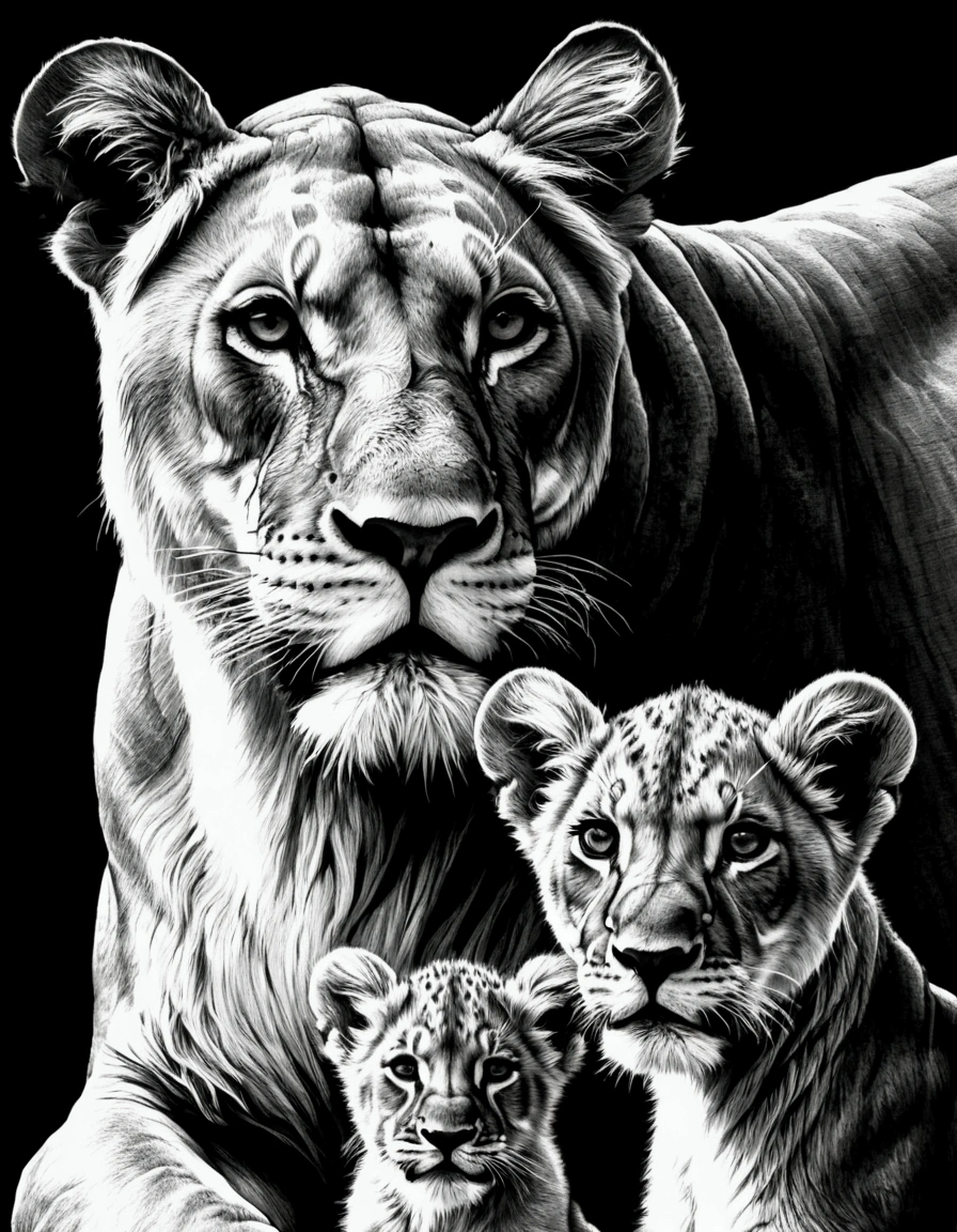 drawing of lioness and cub in black and white