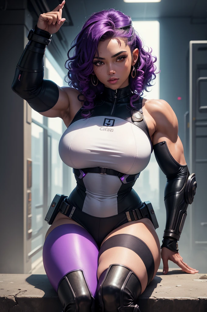 A beautiful, exuberant and young warrior android with black features, clone da deusa grega athena, with giant breasts, transformed into a super sensual and extremely muscular astronaut, fitness, fit bodybuilder and weightlifter, wearing very short, purple and very curly hair in locks, wearing cyberpunk battle clothes, exploring a mysterious planet in a sci-fi environment, sitting in the captain&#39;s chair in the control room of a powerful spaceship and using a large handwriting "a" on his uniform and tattooed on his face in the form of a barcode
