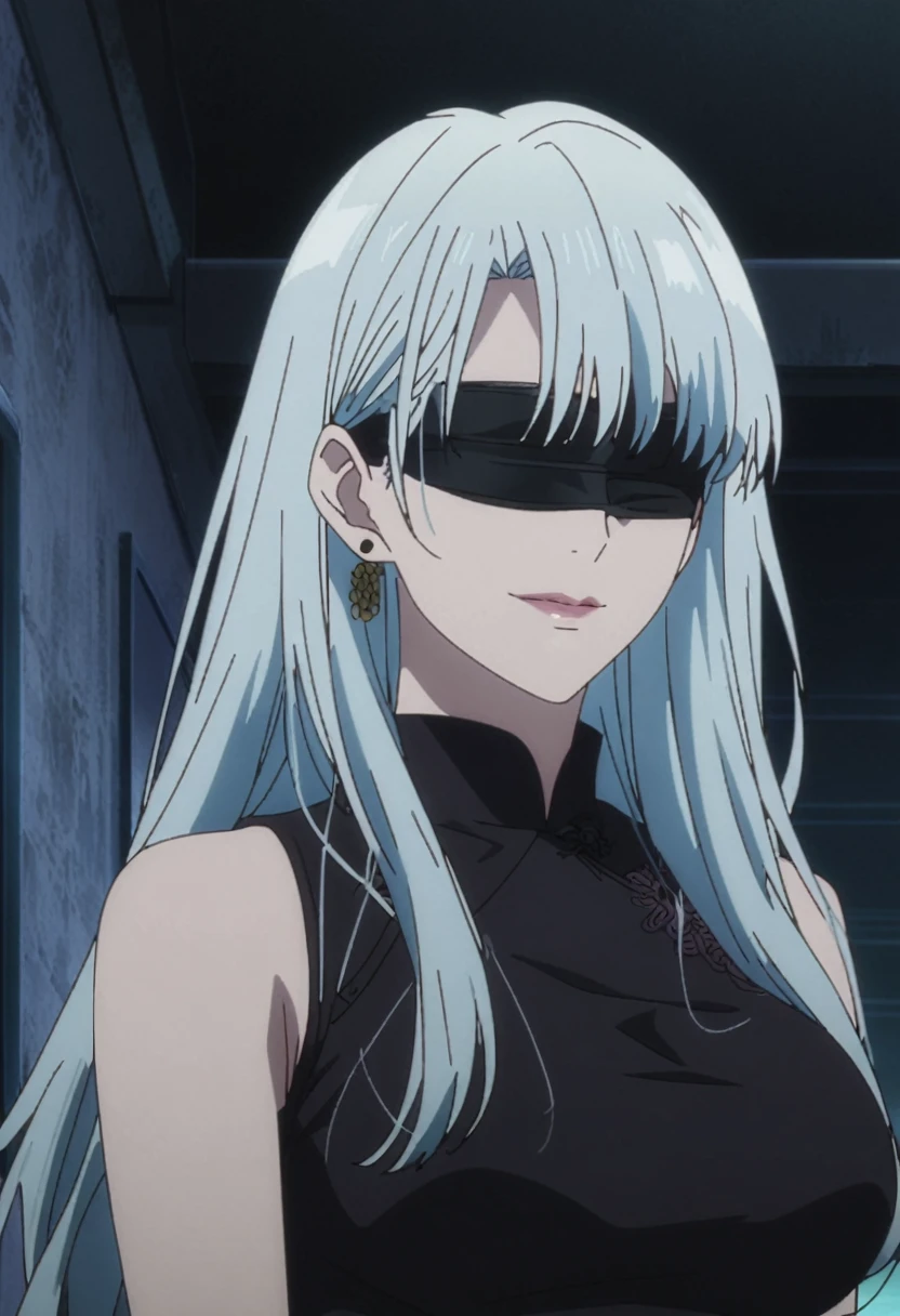 1girl, female gojo satoru, anime screencap from jujutsu kaisen, gojo satoru female version, solo, long_hair, ((wearing black blindfold)) ((white_hair)), night view, (hanging breasts) upper_body, smile, indoors, book, lips, (long hair, side bangs) ((wearing black colour Chinese cheongsam)) breast, "very detailed and high resolution" (black blindfold) ((solo)) (((front view))) (earings) ((high resolution)) ((good quality)) ((silky hair))