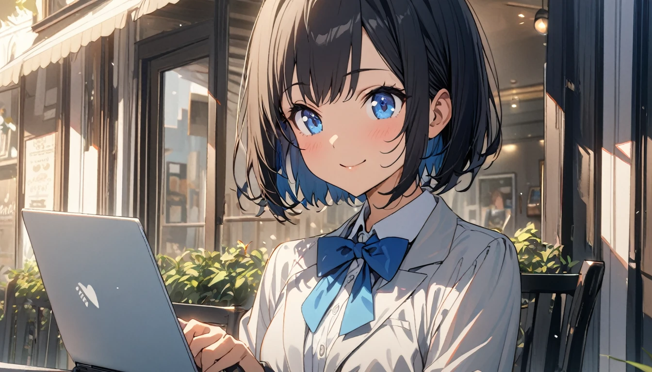 (1girl in),(beautiful blue eyes finely detailed、Face to detail、masterpiece sidelighting、masterpiece、top-quality、detaileds、High resolution illustration),Woman using laptop on the open terrace of a fashionable café、18year old、OL、Everyday clothes、A smile、frontage、The upper part of the body、black hair、Short bob hair、The upper part of the body、wearing formal clothes and wearing a blue bowtie