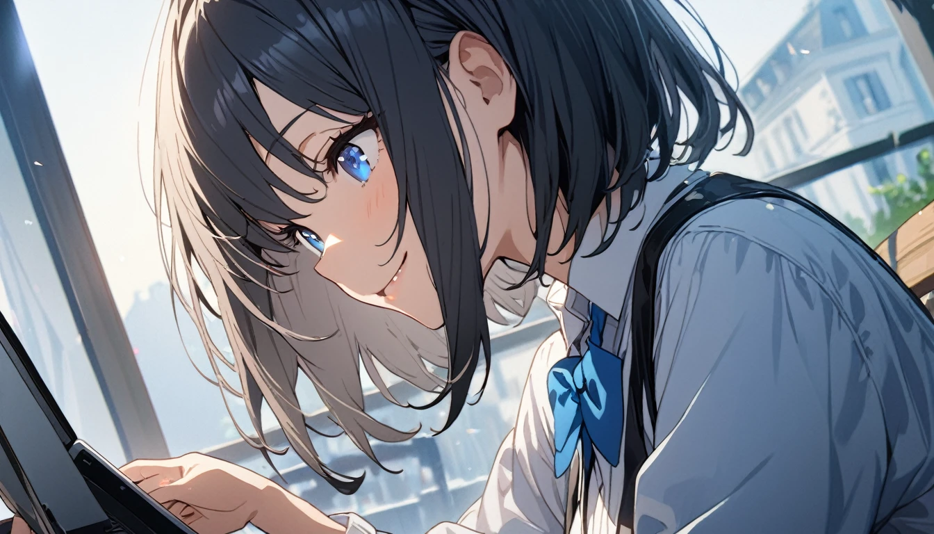 (1girl in),(beautiful blue eyes finely detailed、Face to detail、masterpiece sidelighting、masterpiece、top-quality、detaileds、High resolution illustration),Woman using laptop on the open terrace of a fashionable café、18year old、OL、Everyday clothes、A smile、frontage、The upper part of the body、black hair、Short bob hair、The upper part of the body、wearing formal clothes and wearing a blue bowtie