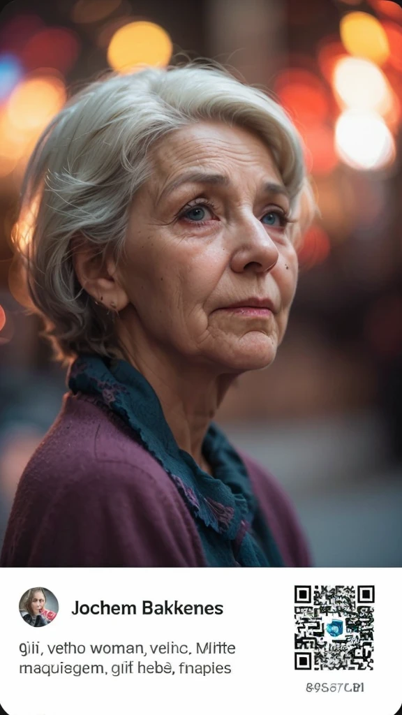 an image of an elderly woman, a very sad elderly lady, with short white hair, bokeh, photoshot, 8k, Dark action, dynamic, pale washed style, cracked lens, nostalgic dreamer, softfocus, dark vignette, light leaks, medium photoshotgraphy, ethereal artistic gloomy photoshotgraphy, caprichosa, photoshot of coarse grain