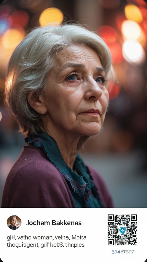 an image of an elderly woman, a very sad elderly lady, with short white hair, bokeh, photoshot, 8k, Dark action, dynamic, pale washed style, cracked lens, nostalgic dreamer, softfocus, dark vignette, light  leaks, medium photoshotgraphy, ethereal artistic gloomy photoshotgraphy, caprichosa, photoshot of coarse grain