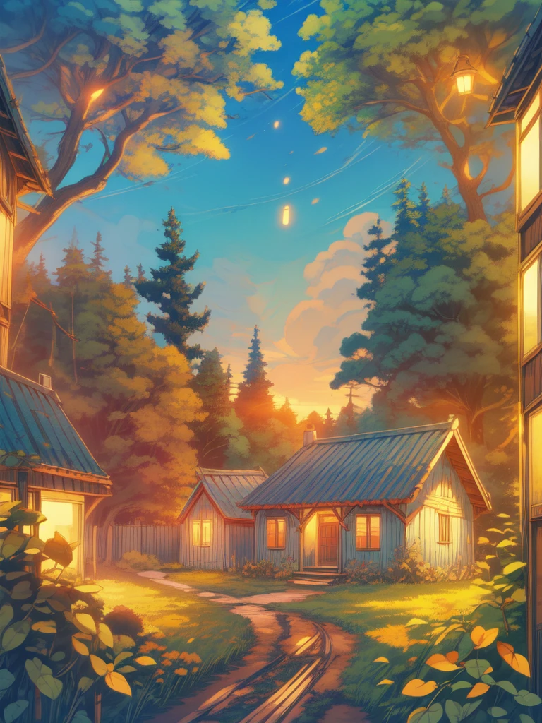 super wide perspective, lonely hut in the woods, string lights, hanging pots, ghibli anime scene, moody weather, leaves falling from tree, light bubble around street light, under a big banyan tree, street light, poles and wires, tropical leafy plant pots, menu board, sign board, long grass with wild flowers, in the middle of nowhere, vibrant color tones, ghibli style, no humans, scenery, masterpiece, high resolution