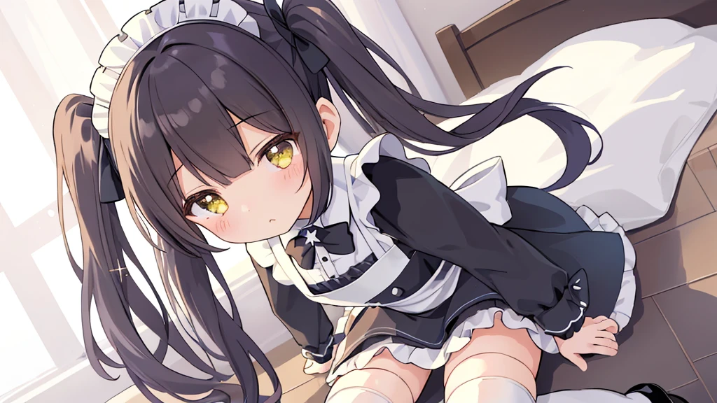 One girl、Sparkling \(Serious: Star Rail\)、Twin tails、solo、Maid、Maidの頭飾り、Maidのエプロン、Knee socks、See who's watching、High heels、(Hold down the skirt、bow: 1.2)、bar \(place\)、indoor、Depth of written boundary、Out of breath、Ecstasy、A seductive smile、masterpiece