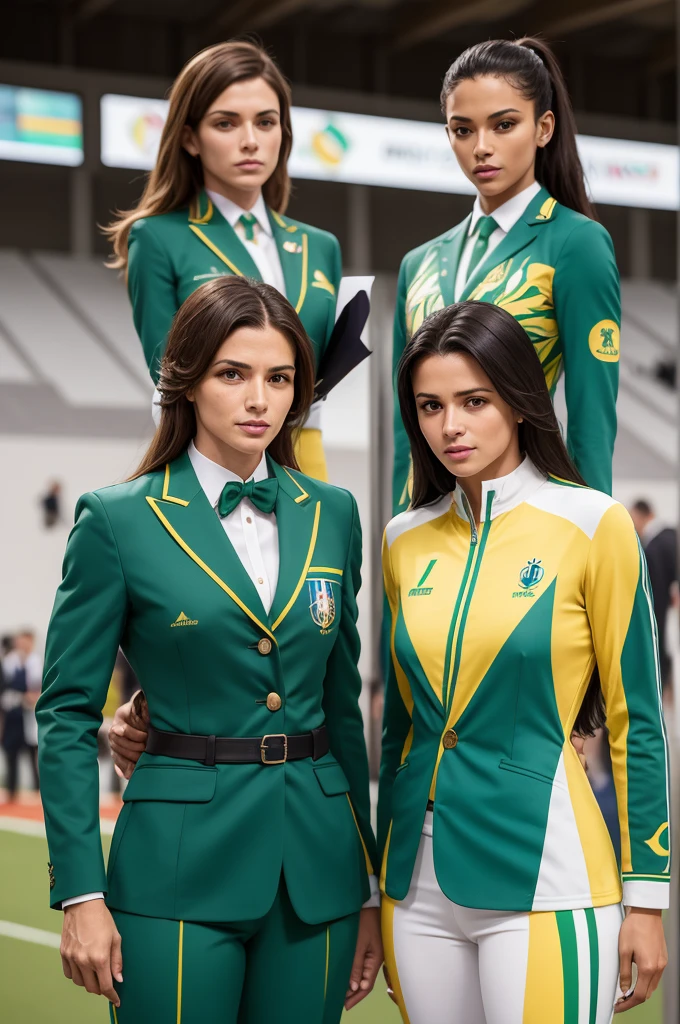 Uniforms for Brazilian Olympic cerimonial men e women athletes inspired by French haute couture brands like Prada and delicate prints of Brazilian animals reference. Usados no hipismo com terno verde escuro e pequenos detalhe em amarelo.