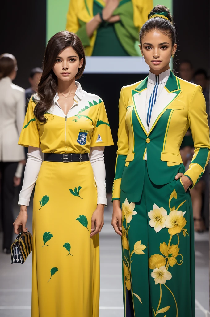 Uniforms for Brazilian Olympic cerimonial men e women athletes inspired by French haute couture brands like Prada and delicate prints of Brazilian animals reference.  Usados no hipismo com terno verde escuro e pequenos detalhe em amarelo.