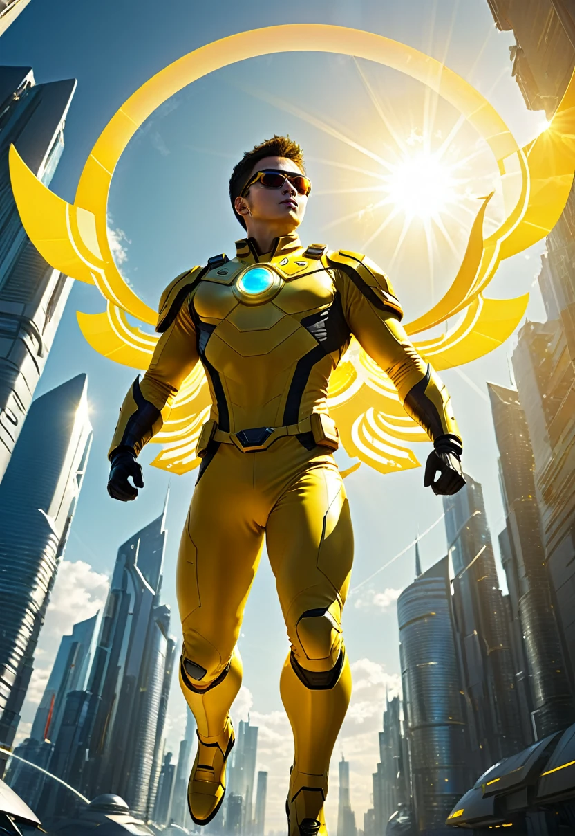 Low angle, A hero in yellow uniform with sun design, he is flying over a sunny futuristic city with yellow lighting,