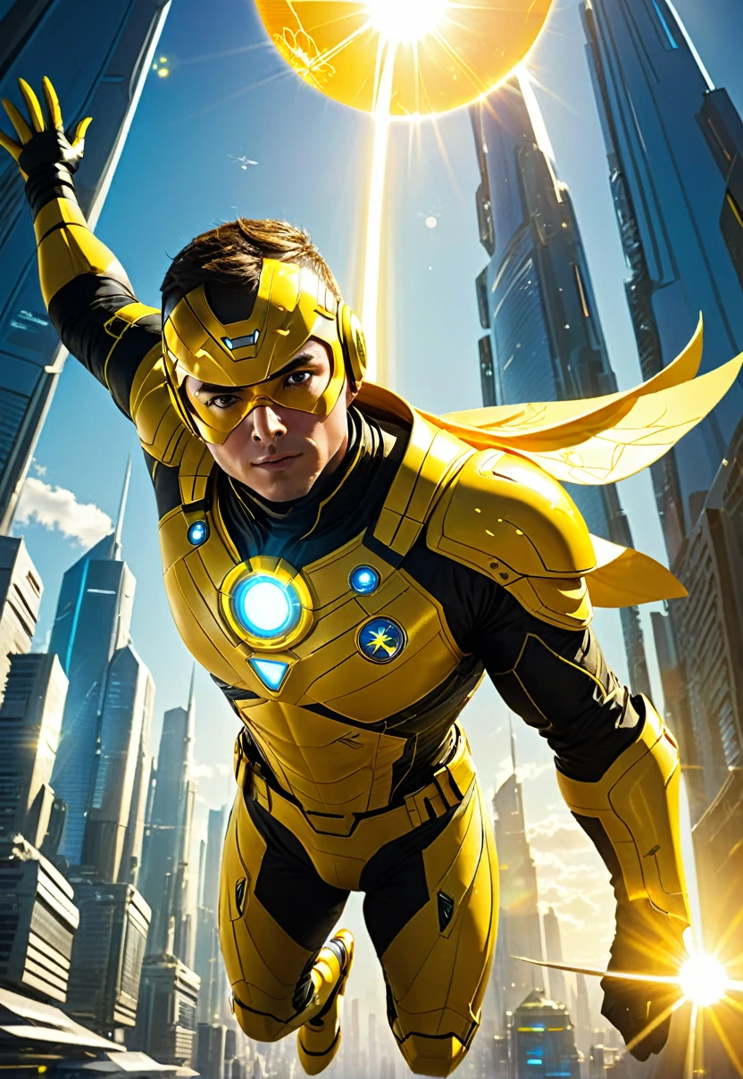 Low angle, A hero in yellow uniform with sun design, he is flying over a sunny futuristic city with yellow lighting,