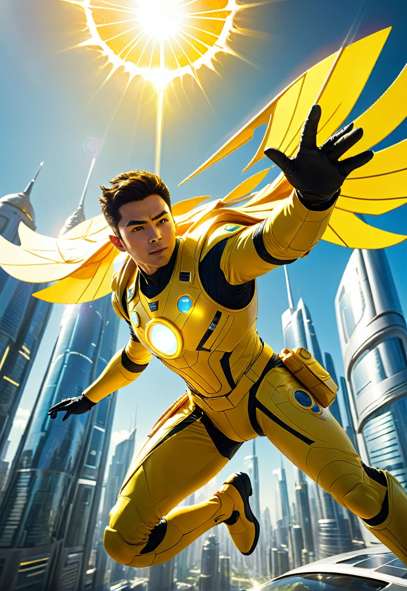 Low angle, A hero in yellow uniform with sun design, he is flying over a sunny futuristic city with yellow lighting,
