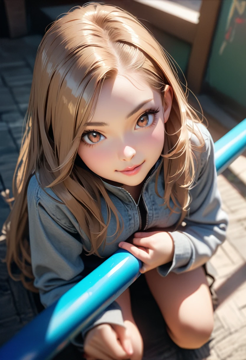 (highest quality, 8k, 4k, High resolution, masterpiece:1.2), Super detailed, anime style:0.9, photorealistic, Bright colors, Depth of the bounds written, blurred background, cowboy_shot, alone, 1 female, (light brown hair, long hair, asymmetrical bangs, dark brown eyes), beautiful face details, beautiful eyes, long eyelashes, soft lips, (small face), smile, open your legs, squat, spread legs, upper glance, camera work from above, Bird's-eye view, ((playboy bunny, Fishnet tights:1.2, rabbit ears, High leg, High leg leotard, 白leotard:1.1, leotard)), bar, night club, night,akeno