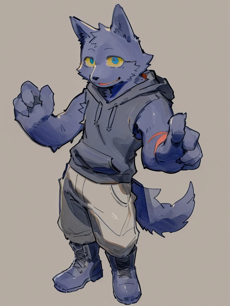 ((Best quality, masterpiece, detailed anatomy, detailed eyes, detailed hands, perfect lighting, perfect shading, no color, sketch line art)), by Buta99, by Bebebebebe, 1male, Wolf, furs, tight body, eyes, skinny chub body, young body, sleeveless hoodie, pants, boots, at the white background