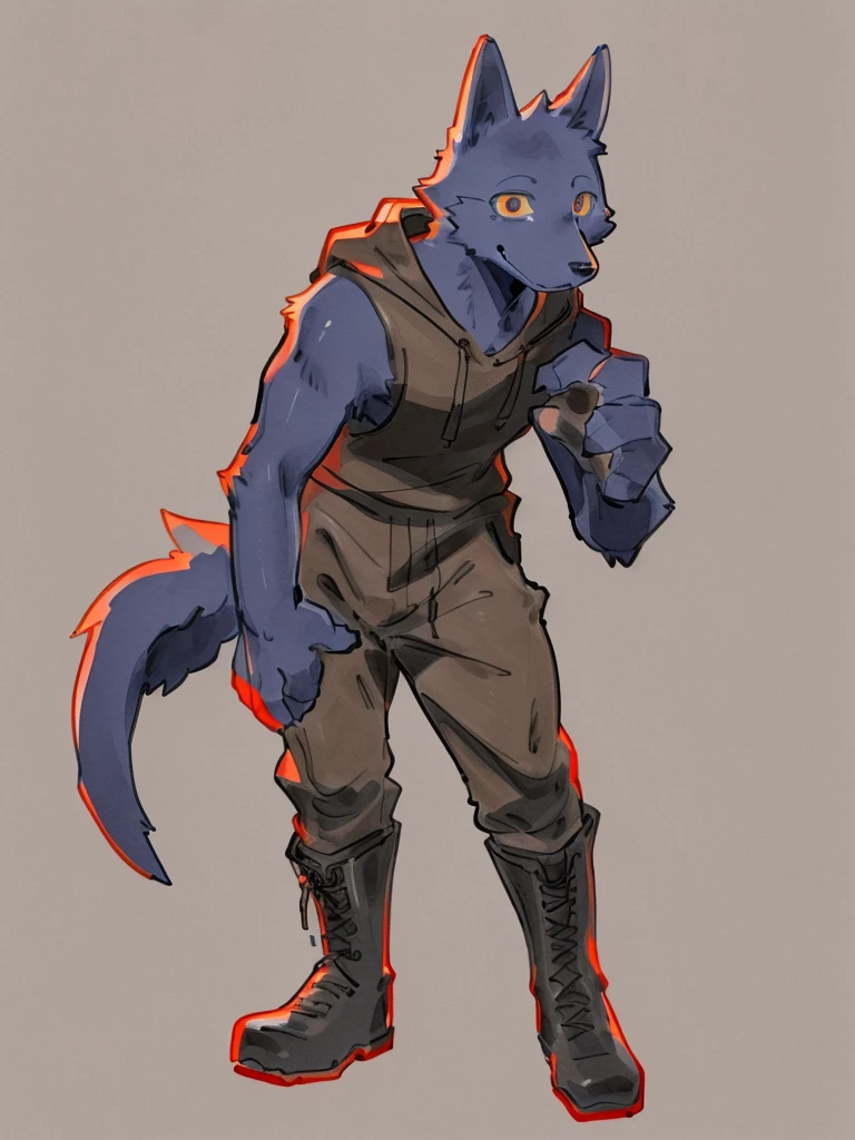 ((Best quality, masterpiece, detailed anatomy, detailed eyes, detailed hands, perfect lighting, perfect shading, no color, sketch line art)), by Buta99, by Bebebebebe, 1male, Wolf, furs, tight body, eyes, skinny chub body, young body, sleeveless hoodie, pants, boots, at the white background