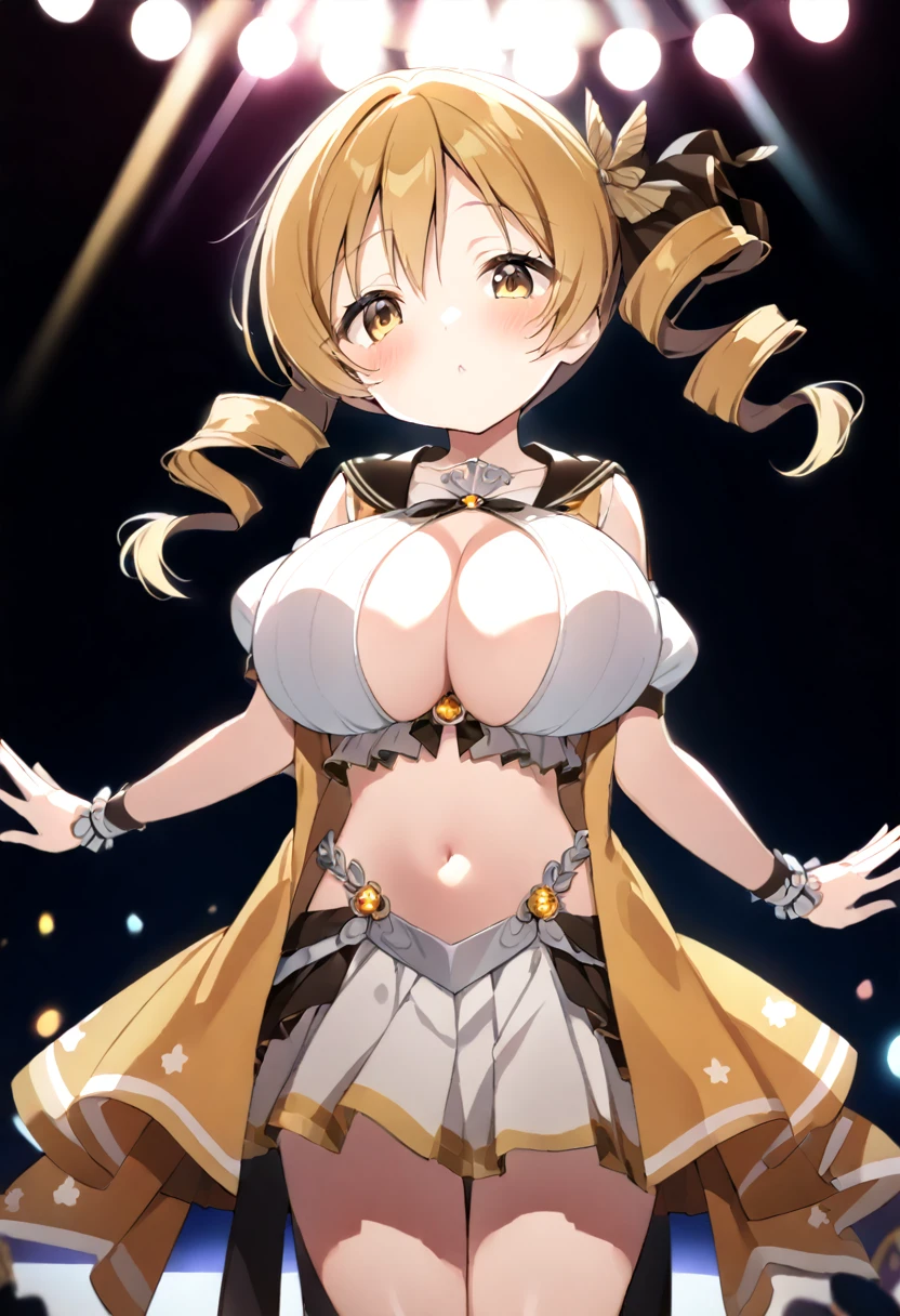 mami tomoe, blonde hair, Twin drill hair, yellow eyes, , 1girl ,live stage, Big Breasts,　school uniform solo face up