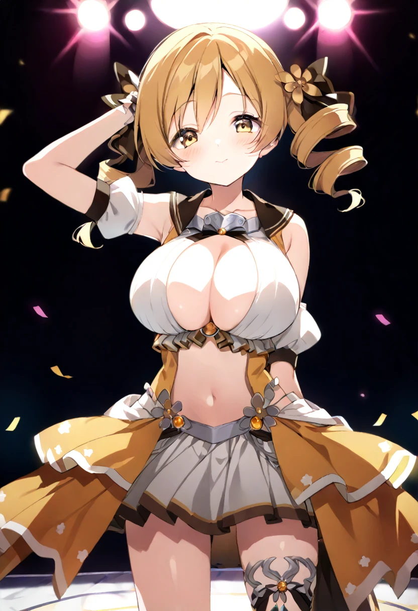 mami tomoe, blonde hair, Twin drill hair, yellow eyes, , 1girl ,live stage, Big Breasts,　school uniform solo face up