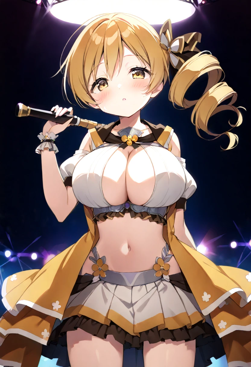 mami tomoe, blonde hair, Twin drill hair, yellow eyes, , 1girl ,live stage, Big Breasts,　school uniform solo face up