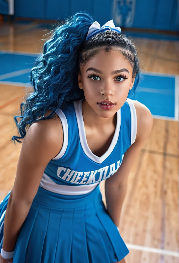 1girl, biracial woman, beautiful detailed eyes, beautiful detailed lips, extremely detailed face, long blue hair, light blue eyes, cheerleaders uniform, basketball court, detailed full body, high quality, 8k, photorealistic, professional photography, dramatic lighting, cinematic, colorful