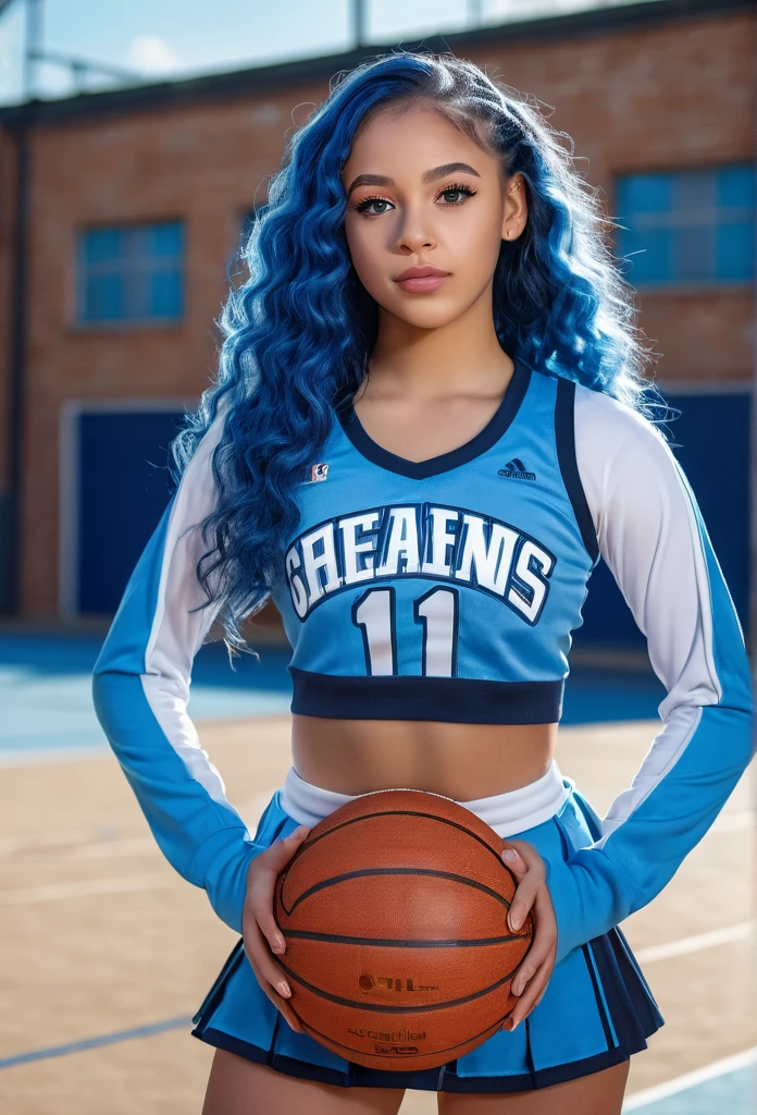 1girl, biracial woman, beautiful detailed eyes, beautiful detailed lips, extremely detailed face, long blue hair, light blue eyes, cheerleaders uniform, basketball court, detailed full body, high quality, 8k, photorealistic, professional photography, dramatic lighting, cinematic, colorful