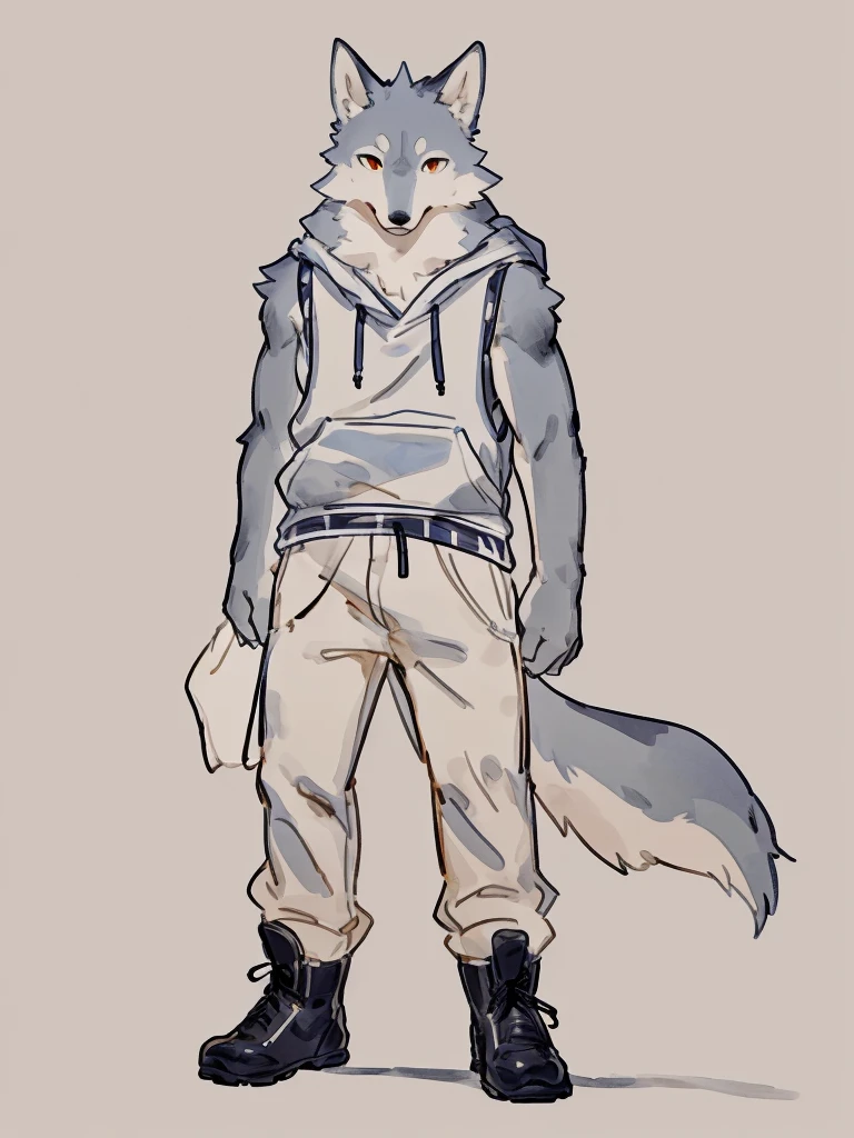 ((Best quality, masterpiece, detailed anatomy, detailed eyes, detailed hands, perfect lighting, perfect shading, no color, sketch line art)), by Buta99, by Bebebebebe, 1male, Wolf, furs, tight body, eyes, skinny chub body, young body, sleeveless hoodie, pants, boots, at the white background 