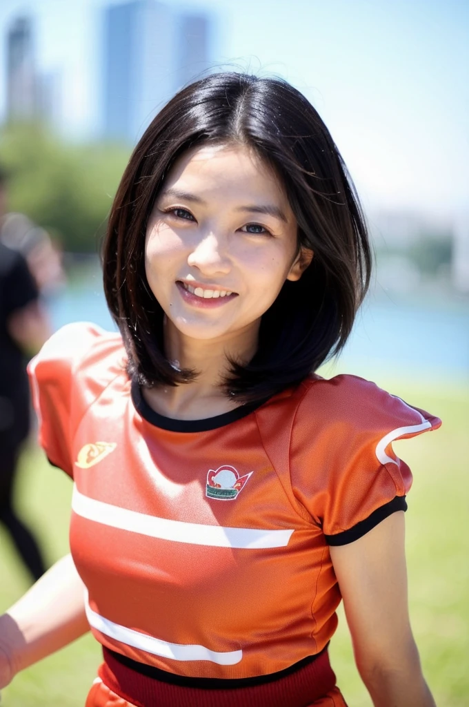 The Vietnamese athlete has straight black hair, which they often wear in a chic, neat style, that suits her lively and cheerful personality. Her eyes are lively and have a warm aura, and her face shows distinctive Asian features. She has an average stature and an energetic posture, which underlines their lively nature. In terms of her style, she prefers modern and colorful outfits, that emphasize their personality in a playful way. Your skin is smooth and has a natural shine.