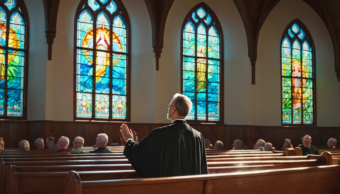 A church lit by rays of sunlight that pass through colorful stained glass windows, with different people sitting in the pews, looking forward with expressions of hope. Focus on a serene-looking priest in the pulpit, with his hands extended in a gesture of welcome. Photorealism style, high resolution, 8k