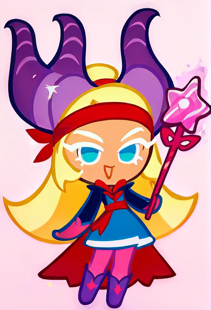 chibi, full body, CookieRun, 1girl, yellow hair, long hair, blue eyes, red headband with small horns, blue dress, pink tights, purple boots, magic wand in hands