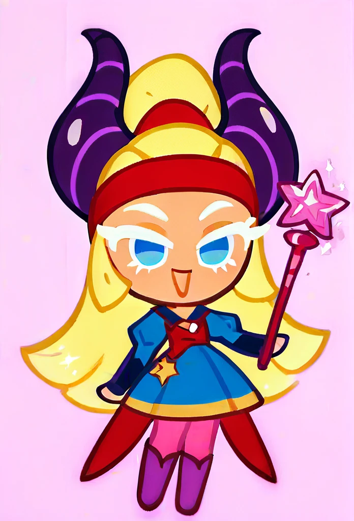chibi, full body, CookieRun, 1girl, yellow hair, long hair, blue eyes, red headband with small horns, blue dress, pink tights, purple boots, magic wand in hands