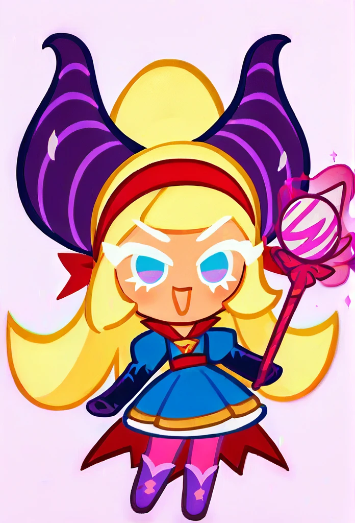 chibi, full body, CookieRun, 1girl, yellow hair, long hair, blue eyes, red headband with small horns, blue dress, pink tights, purple boots, magic wand in hands