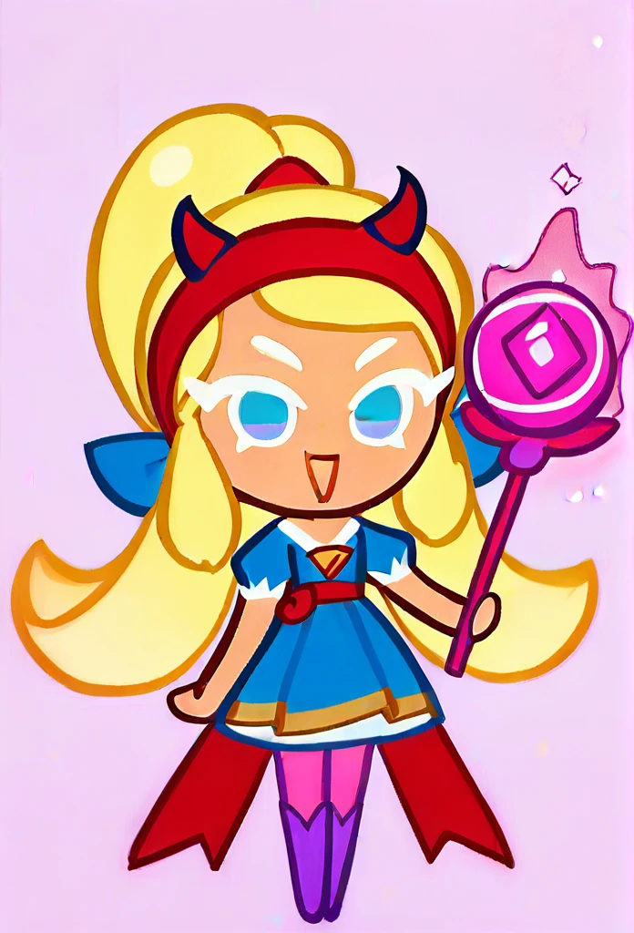 chibi, full body, CookieRun, 1girl, yellow hair, long hair, blue eyes, red headband with small horns, blue dress, pink tights, purple boots, magic wand in hands