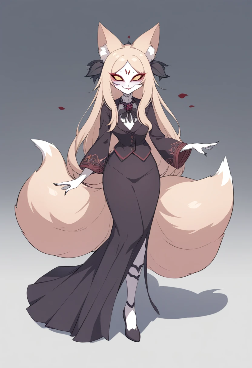 Create a full-body illustration of an anthropomorphic fox woman with elegant long hair and five distinct, bushy tails. The character should exude a sinister and mischievous aura, with a snickering, sinister expression that highlights her cunning and devious nature