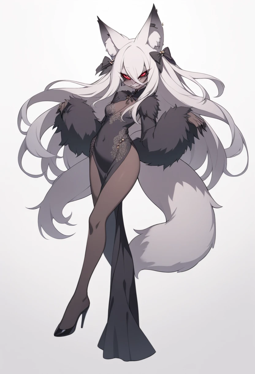 Create a full-body illustration of an anthropomorphic fox woman with elegant long hair and five distinct, bushy tails. The character should exude a sinister and mischievous aura, with a snickering, sinister expression that highlights her cunning and devious nature