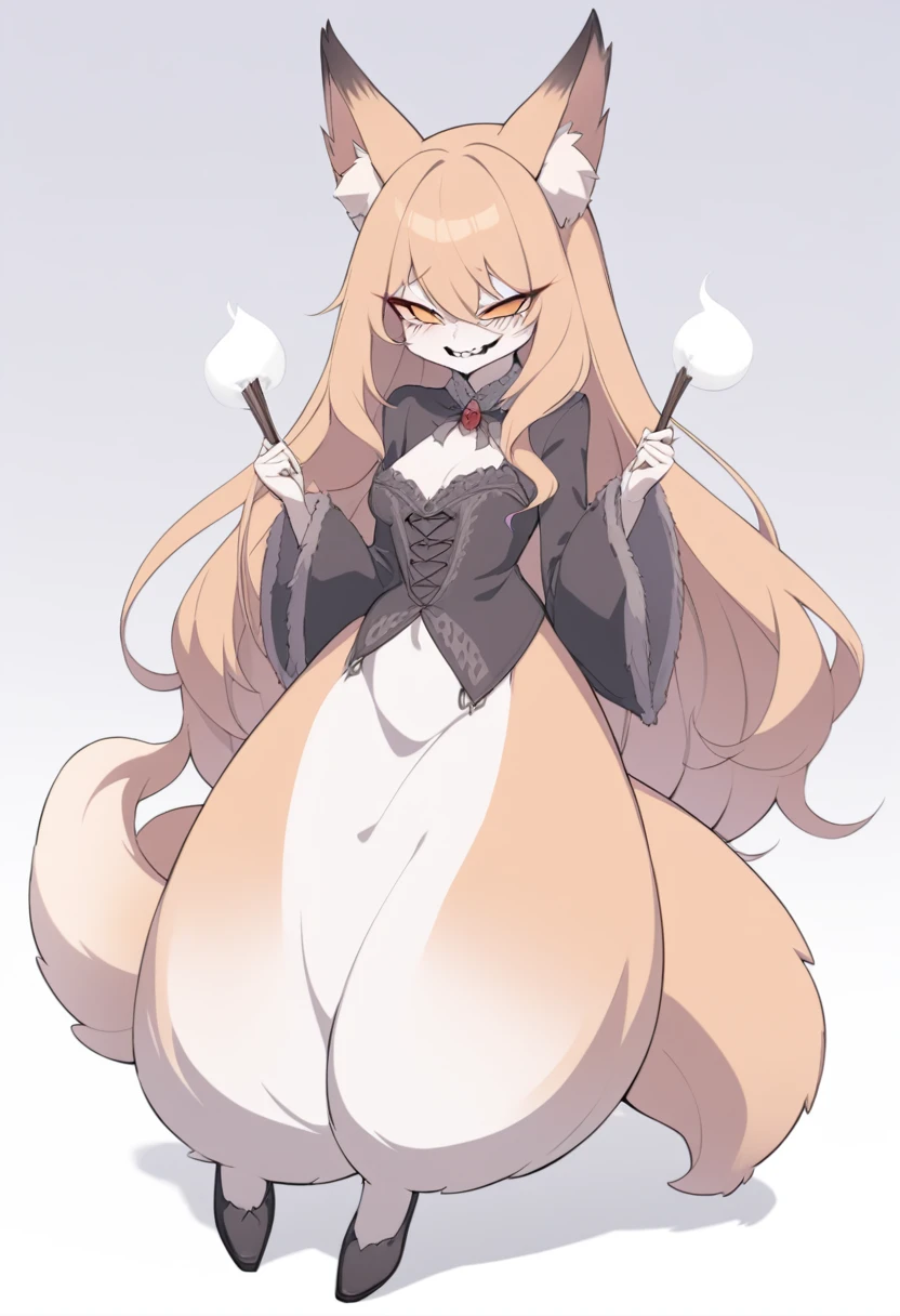 Create a full-body illustration of an anthropomorphic fox woman with elegant long hair and five distinct, bushy tails. The character should exude a sinister and mischievous aura, with a snickering, sinister expression that highlights her cunning and devious nature