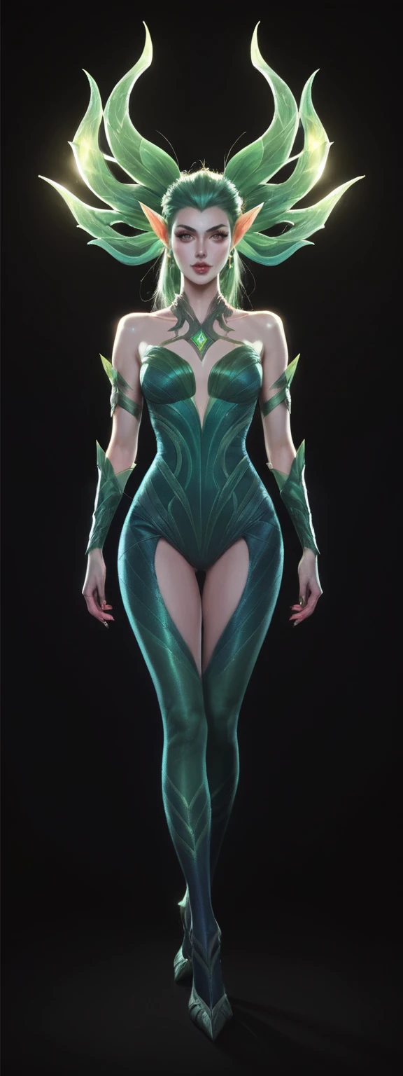 realistic, score_9, score_8_up, score_7_up, score_6_up, 
1girl, solo, from front, full body, Zyra \(league of legends\),  black background, makeup, sidelighting, backlighting, glowing,