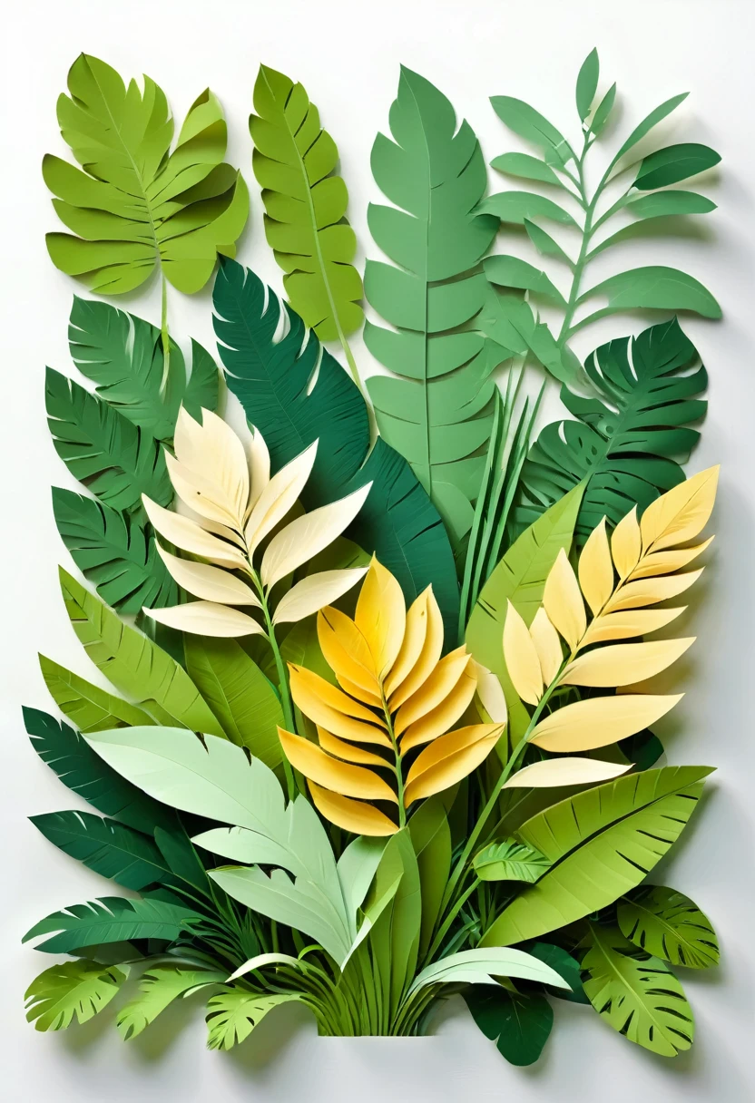 Flat paper art, west papuan native plant, tropical plants, banana leaf, single plant, single layer, no shadow, pastel colors, a pure white background, vector illustration, natural colours, high quality image, borders page, greeny