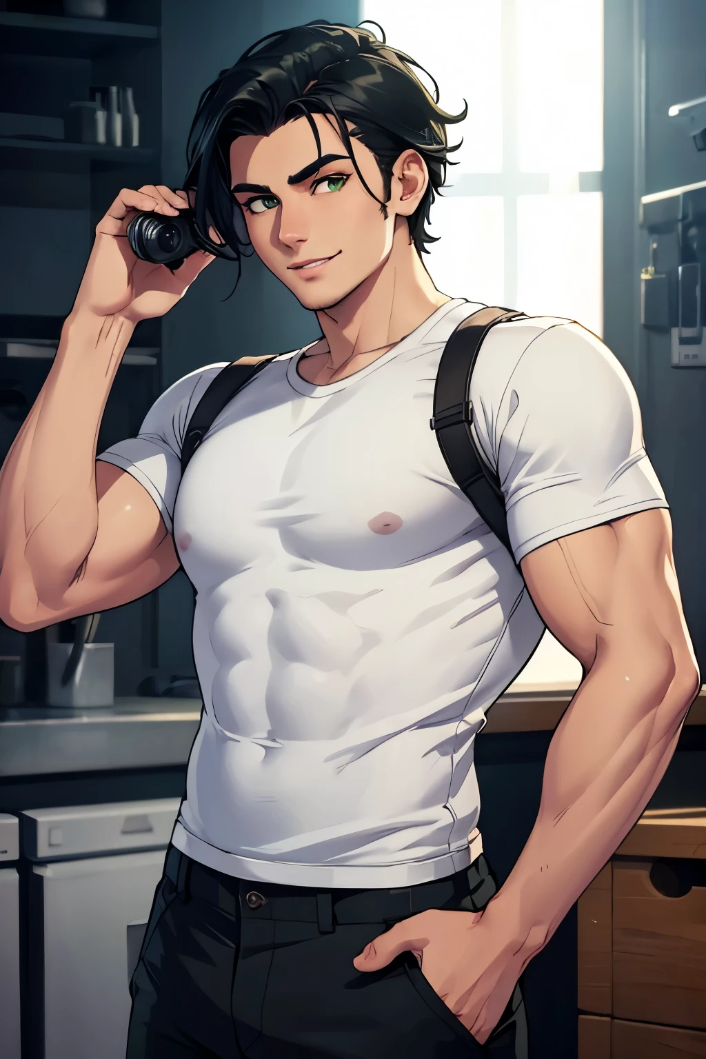 1 handsome young man in his early 20s, green eyes, olive skin, mid length black hair combed to one side, playful fanged smile, tall, athletic body, white t shirt, cargo pants, (best quality,8k,highres,masterpiece:1.2),ultra-detailed,(realistic,photorealistic,photo-realistic:1.37),portrait,studio lighting,sharp focus,physically-based rendering,vivid colors,warm lighting