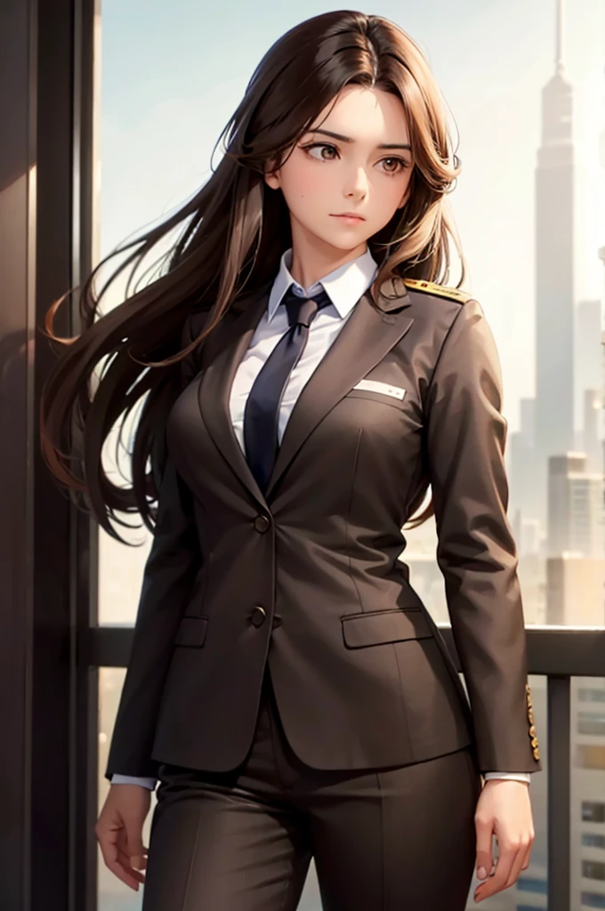 A woman with medium long Brown hair, In a business suit, She works as Major for a weapons industry.