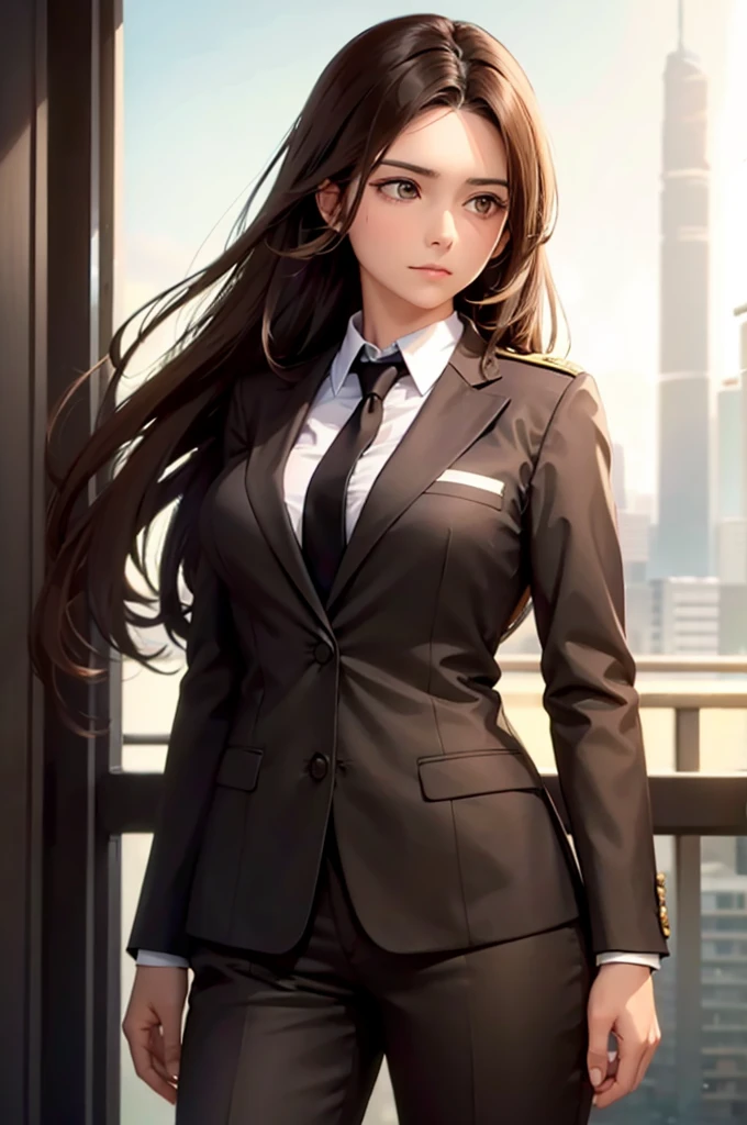 A woman with medium long Brown hair, In a business suit, She works as Major for a weapons industry.