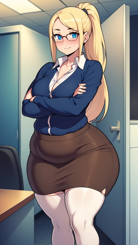 ((highres)), Masterpiece, high quality, best quality, beautiful, perfect lighting, detailed face, ultra cute face, ((1girl)), ((solo), long blonde hair, ponytail, blue eyes, glasses, ((blush)), embarrassed, looking at viewer, arms crossed, standing in a office, (office), daytime, dress shirt, pencil skirt, thigh highs, wide hips, (((thick thighs))), (plump), medium breasts, perky breasts, 24 year old female,