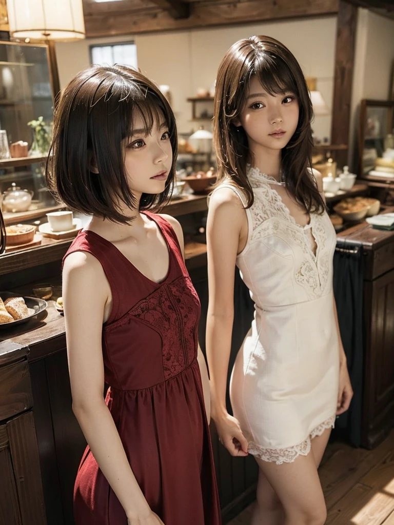 ((1 girl)),((Solitary)),((best quality)), (masterpiece),((high resolution)),beautiful girl,Model,Japanese,(No makeup),Medium to short hair,Brown hair,Perfect body,Antique shop,flat chest,Lace vest dress,The clothes fit the body,Beautiful body contour,Flat chest,The clothes fit the body,