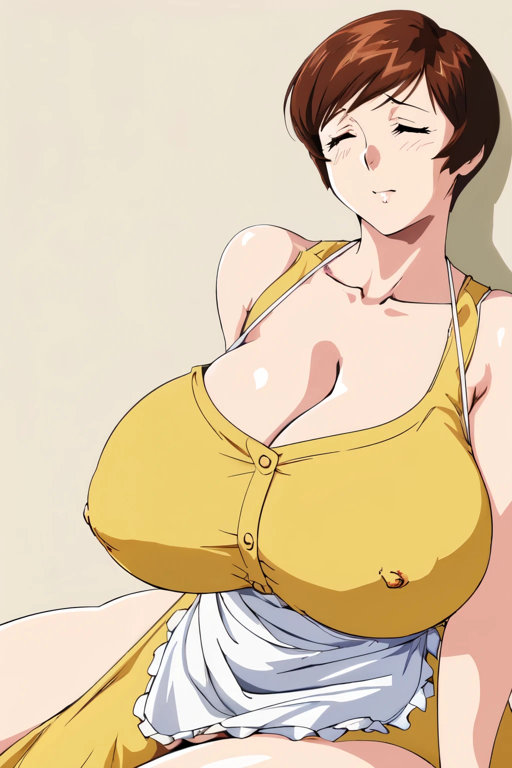 masterpiece, highest quality, High resolution, One girl, solo, intercographic imaghort hair, etsukoto, brown Eyes, fine grain, fine grain, (((Thick thighs, Plump thighs, Voluptuous thighs, Thighs alone are enough))), ((Huge and ample breasts, Cleavage, bigreasts)), big,((big breasts ortant))、((Naughty thighs(thin:1.4),(Tight waist:1.4), (yellow dress:1.4), ((waist apron)), white panty, (((Simple Background))), ((Wide Hips)), Shiny, Okin, Mature mother, Calf, Seductive mature woman, milf, Perfect blus Size Model, curvy, ample, eo, blush, clav, retro artstyle, 1990s (style), (thick thighs:1.4), (((nsfwal Sleeping carelessly, lying))), nsfw,