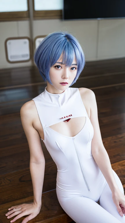 One girl, Ayanami Rei, alone, Red eyes, Plug Suit, short hair, Blue Hair, chest, Bodysuits,whole body, white Bodysuits, School classroom、 Interface Headset, bangs, Mouth closed, A little smile、Hair between the eyes, medium chest, high quality, slow,Moist eyes、Watery eye、Troubled face、Evangelion、Rei Ayanami、Are standing、