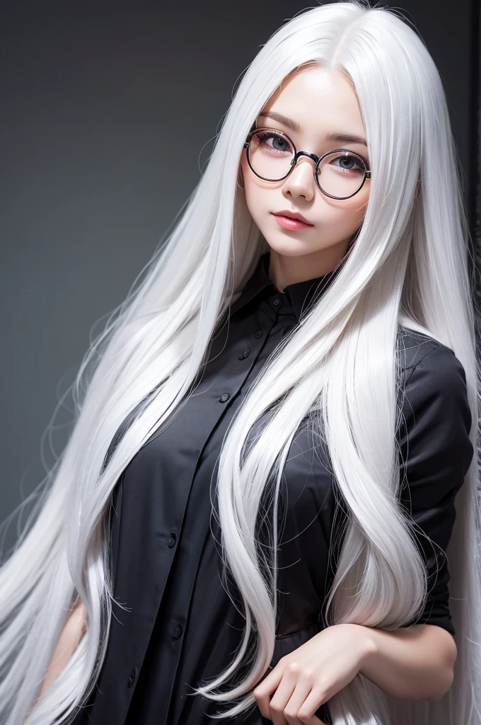 with long white hair and glasses