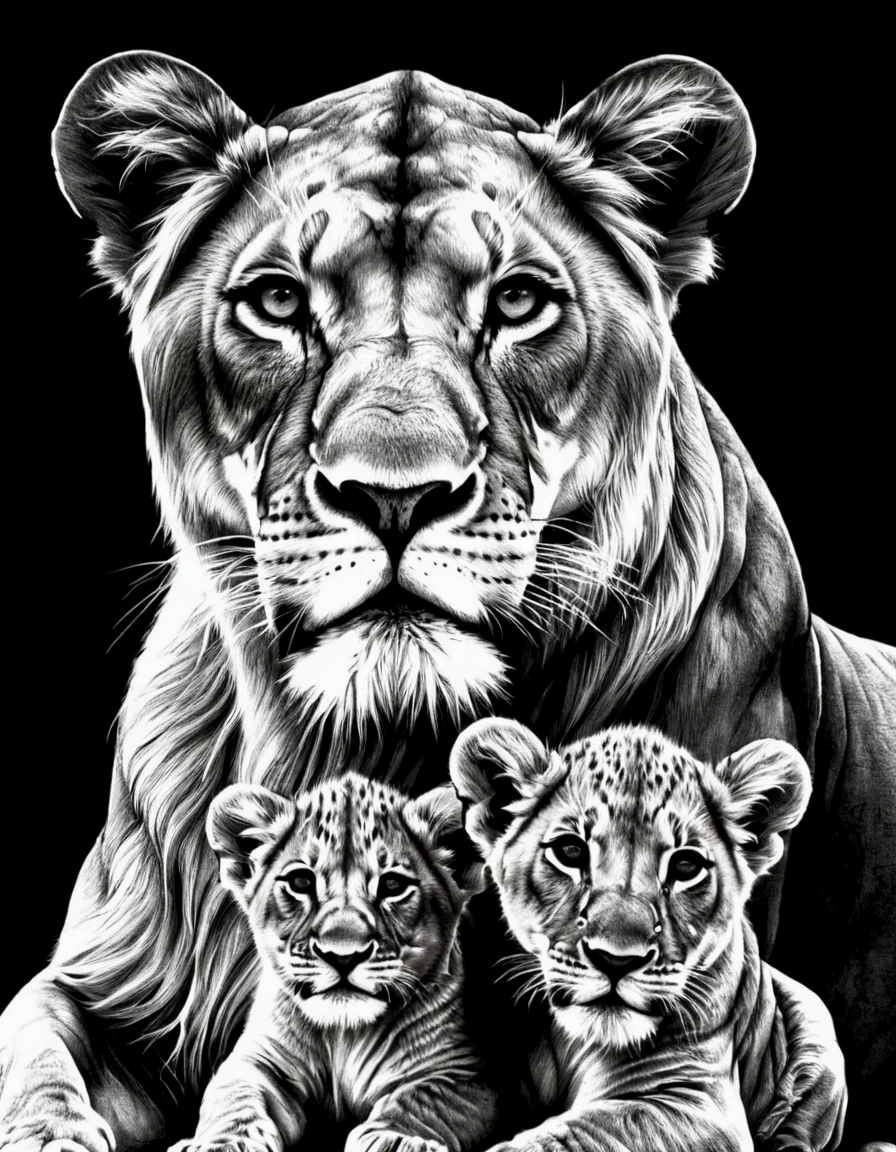 lion drawing, lioness and cub in black and white