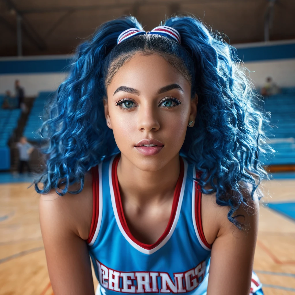 1girl, biracial woman, beautiful detailed eyes, beautiful detailed lips, extremely detailed face, long blue hair, light blue eyes, cheerleaders uniform, basketball court, detailed full body, high quality, 8k, photorealistic, professional photography, dramatic lighting, cinematic, colorful